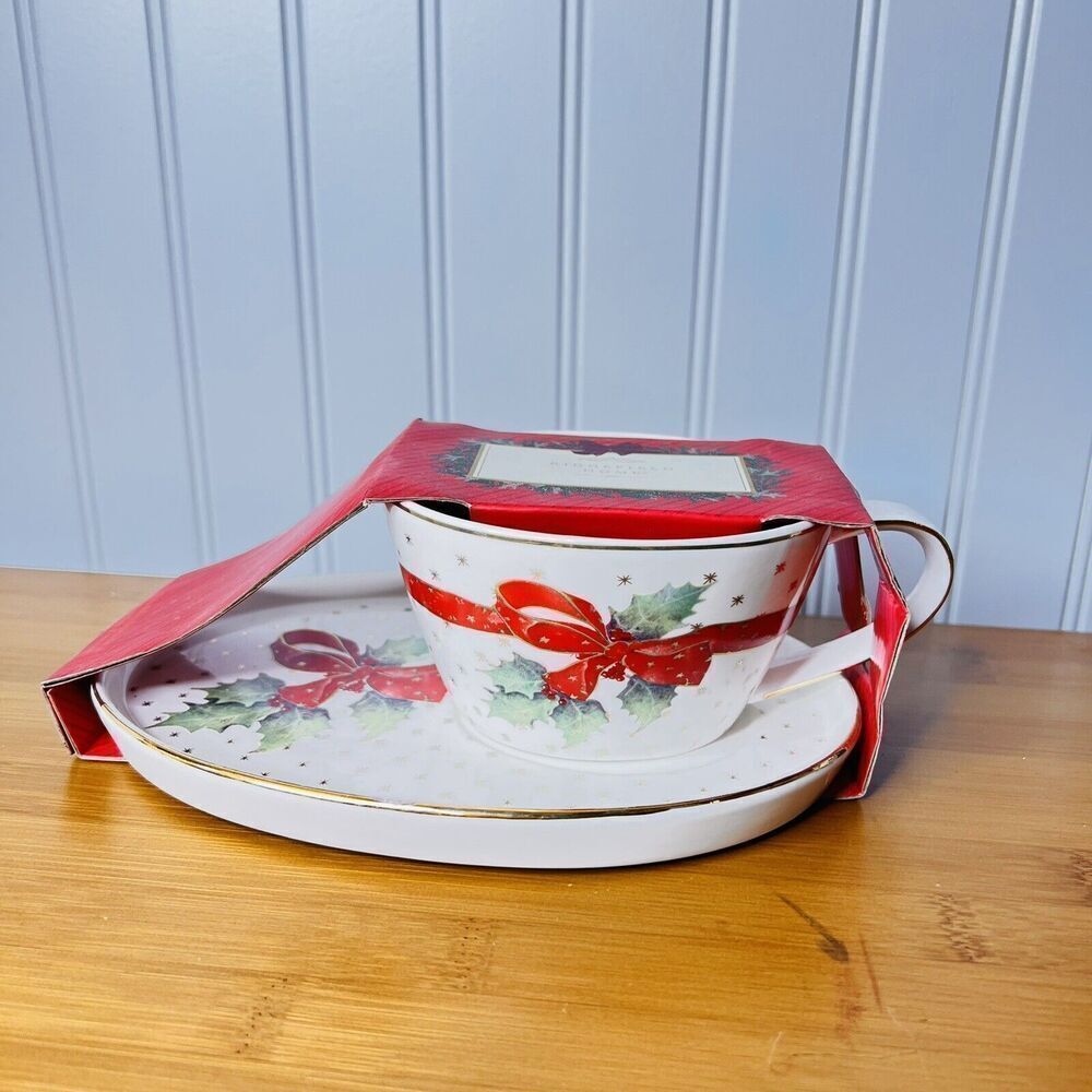 Grace Teaware Christmas Fine China Teacup & Large Saucer Plate for Cookies